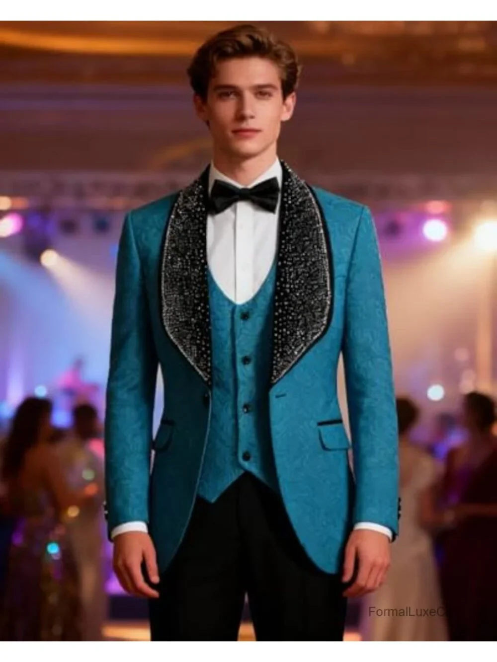 3 Piece Jacquard Tuxedo Suit with Rhinestone Lapel for Men Wedding Prom